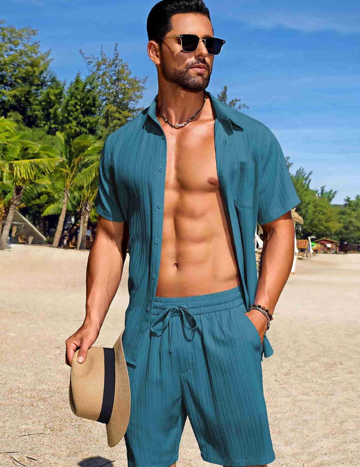 imageCOOFANDY Mens Summer Beach Outfits 2 Piece Short Sets Shirts and Shorts Vacation Texture Linen Sets for MenLake Green