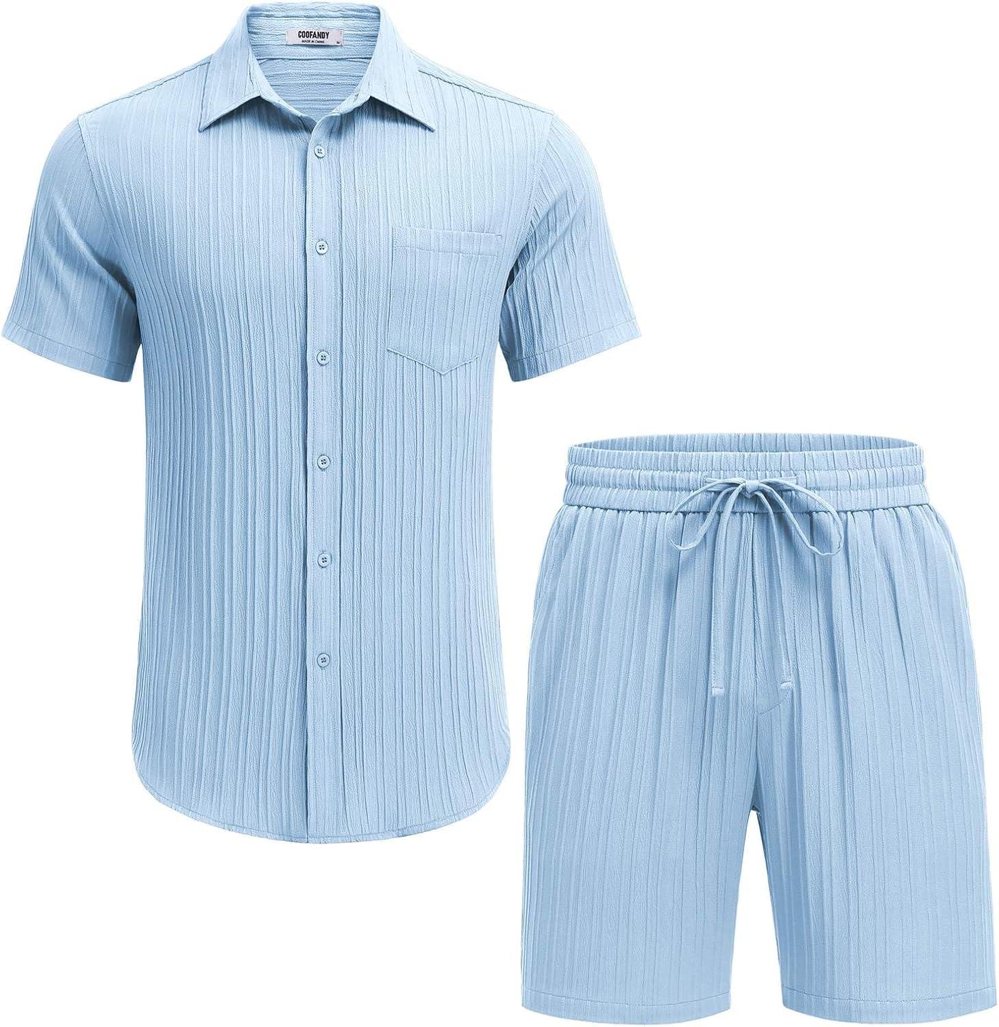 imageCOOFANDY Mens Summer Beach Outfits 2 Piece Short Sets Shirts and Shorts Vacation Texture Linen Sets for MenLight Blue