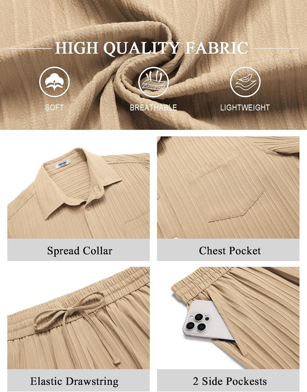 imageCOOFANDY Mens Summer Beach Outfits 2 Piece Short Sets Shirts and Shorts Vacation Texture Linen Sets for MenLight Brown