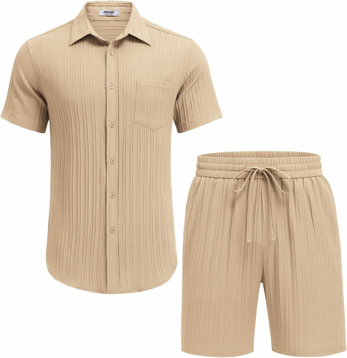 imageCOOFANDY Mens Summer Beach Outfits 2 Piece Short Sets Shirts and Shorts Vacation Texture Linen Sets for MenLight Brown