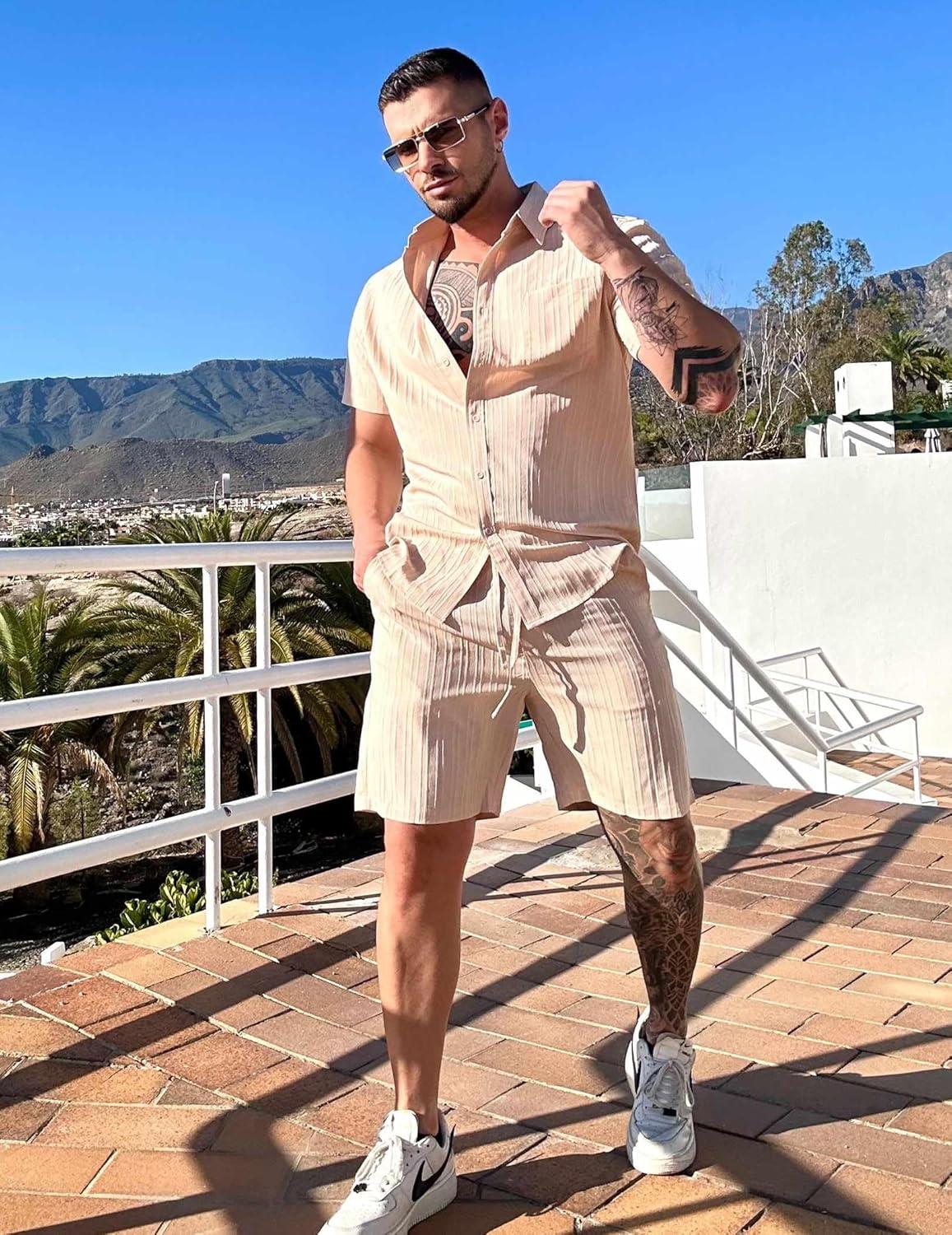 imageCOOFANDY Mens Summer Beach Outfits 2 Piece Short Sets Shirts and Shorts Vacation Texture Linen Sets for MenLight Brown