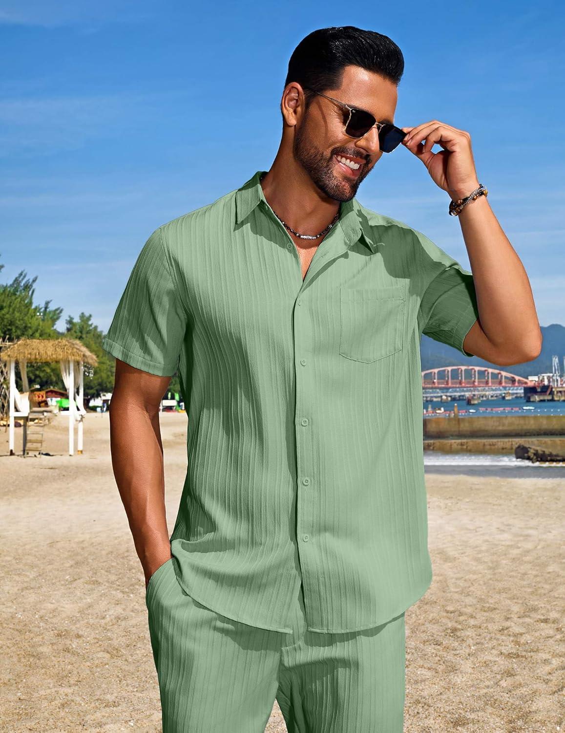 imageCOOFANDY Mens Summer Beach Outfits 2 Piece Short Sets Shirts and Shorts Vacation Texture Linen Sets for MenLight Green