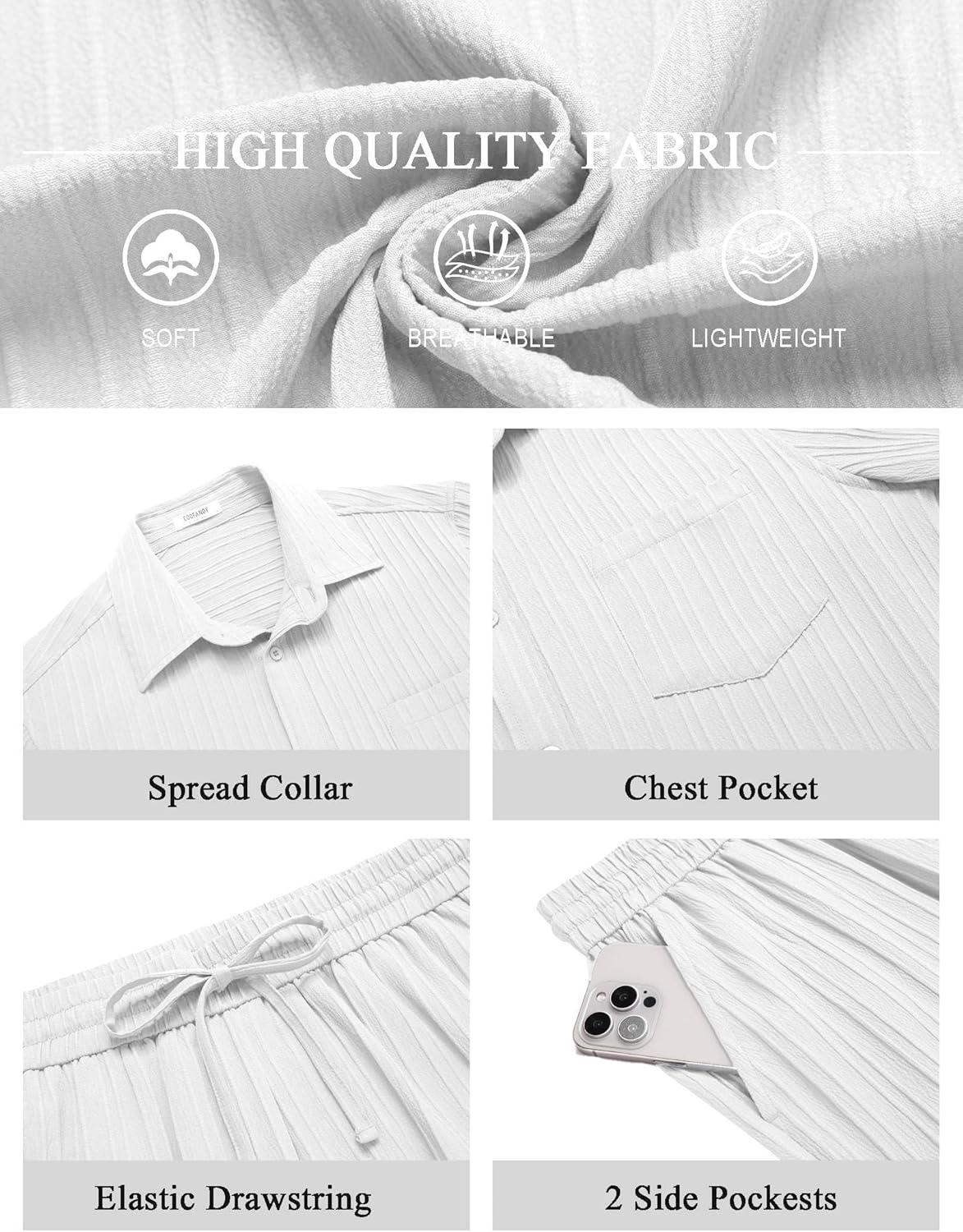 imageCOOFANDY Mens Summer Beach Outfits 2 Piece Short Sets Shirts and Shorts Vacation Texture Linen Sets for MenWhite