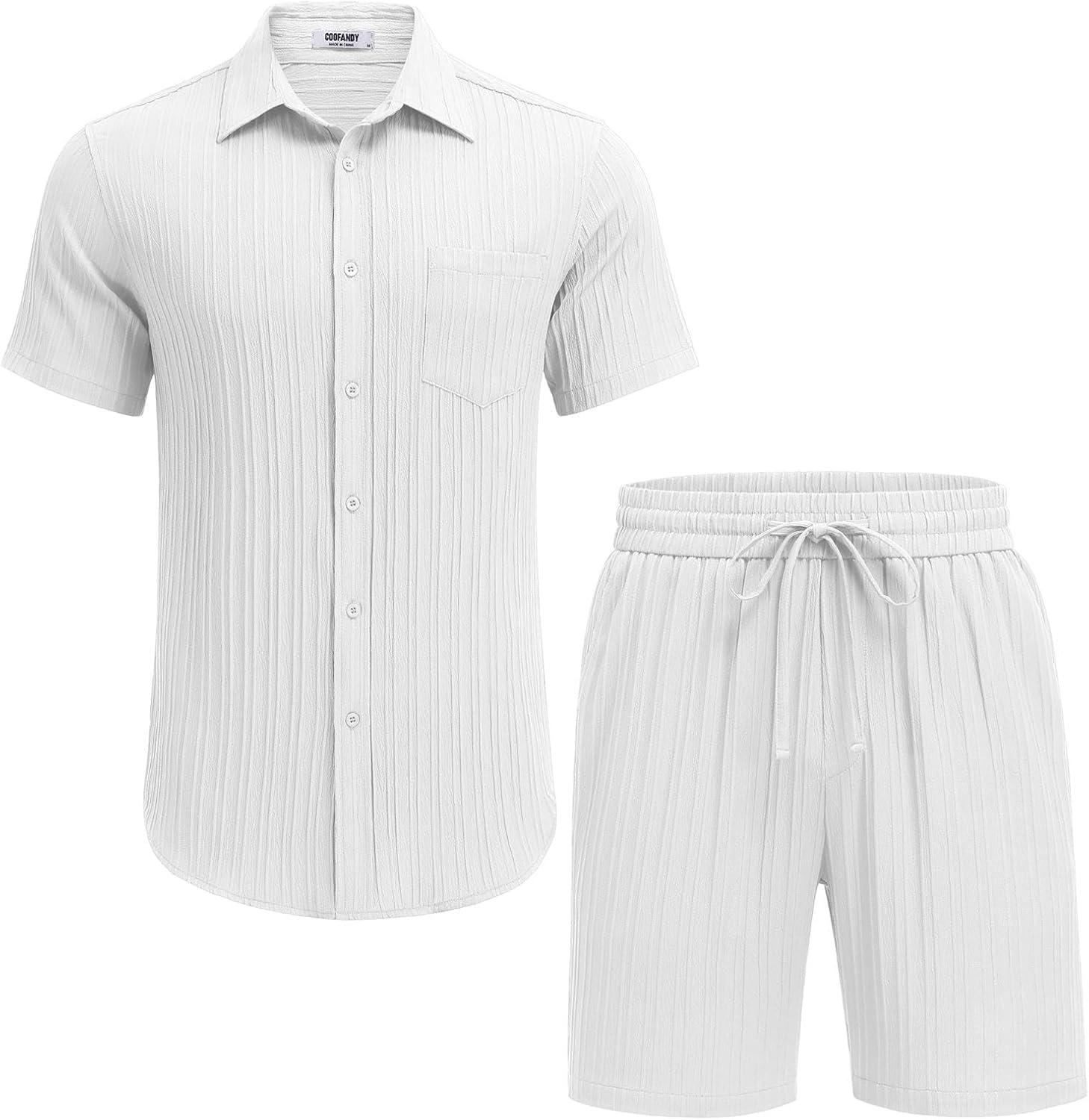 imageCOOFANDY Mens Summer Beach Outfits 2 Piece Short Sets Shirts and Shorts Vacation Texture Linen Sets for MenWhite