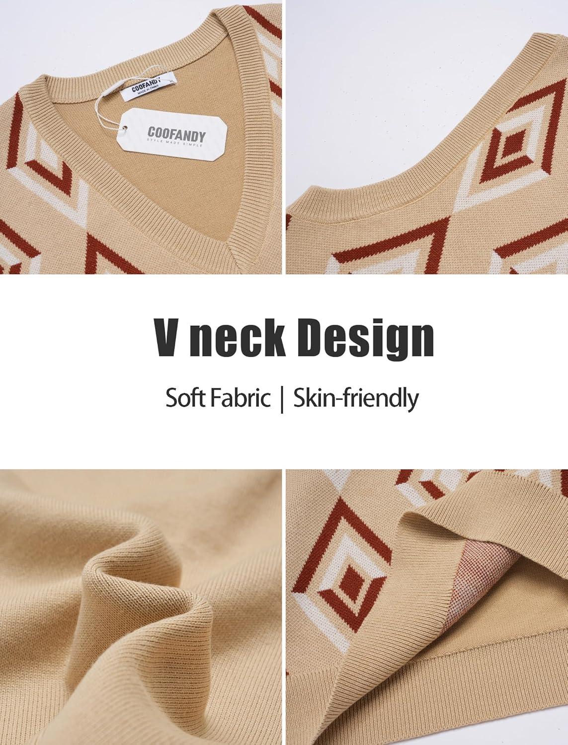 imageCOOFANDY Mens Sweater Vest V Neck Sleeveless Sweater Slim Fit Casual Knitted Vest SweatersArgyle Khaki