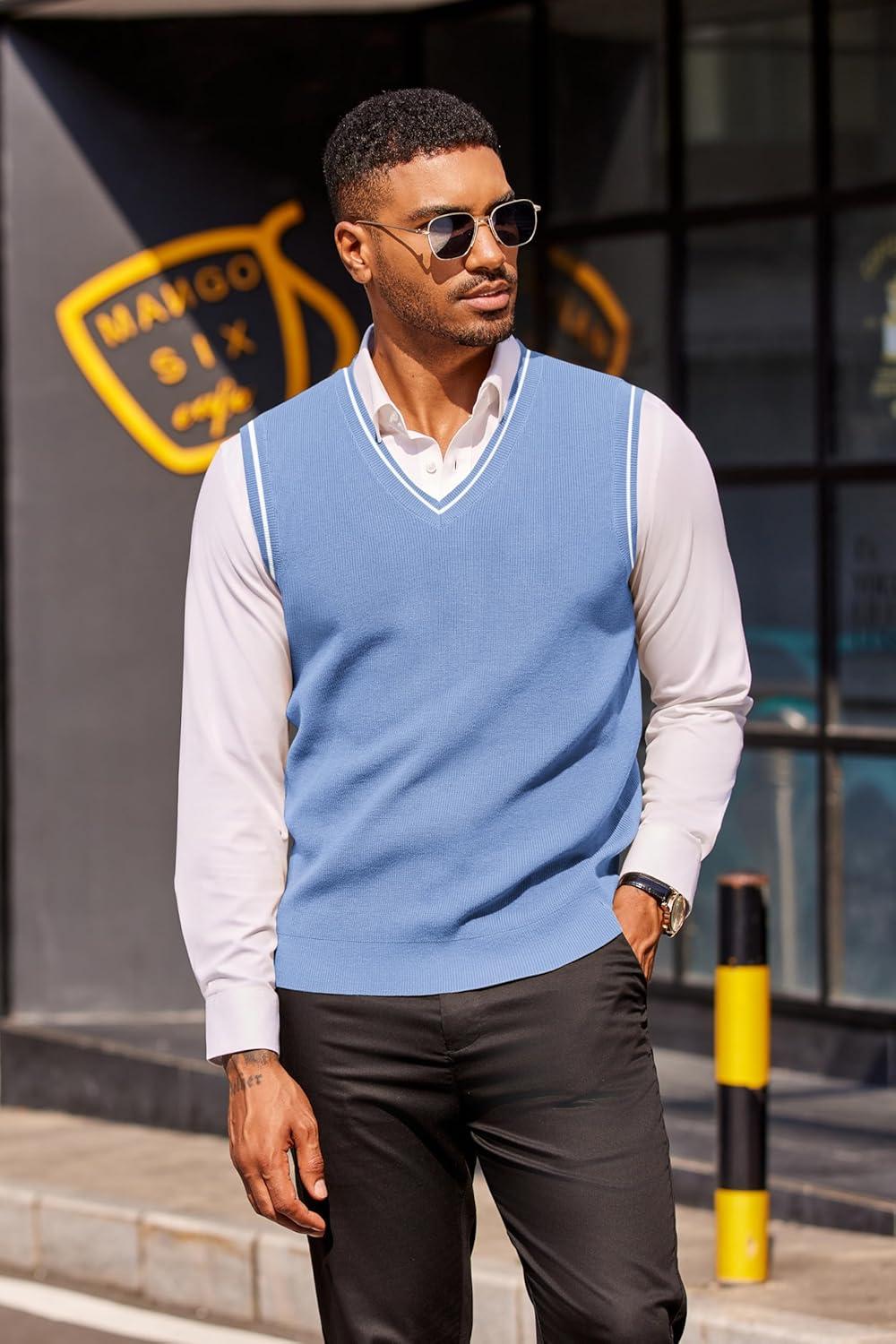 imageCOOFANDY Mens Sweater Vest V Neck Sleeveless Sweater Slim Fit Casual Knitted Vest SweatersBlue and White Stripe