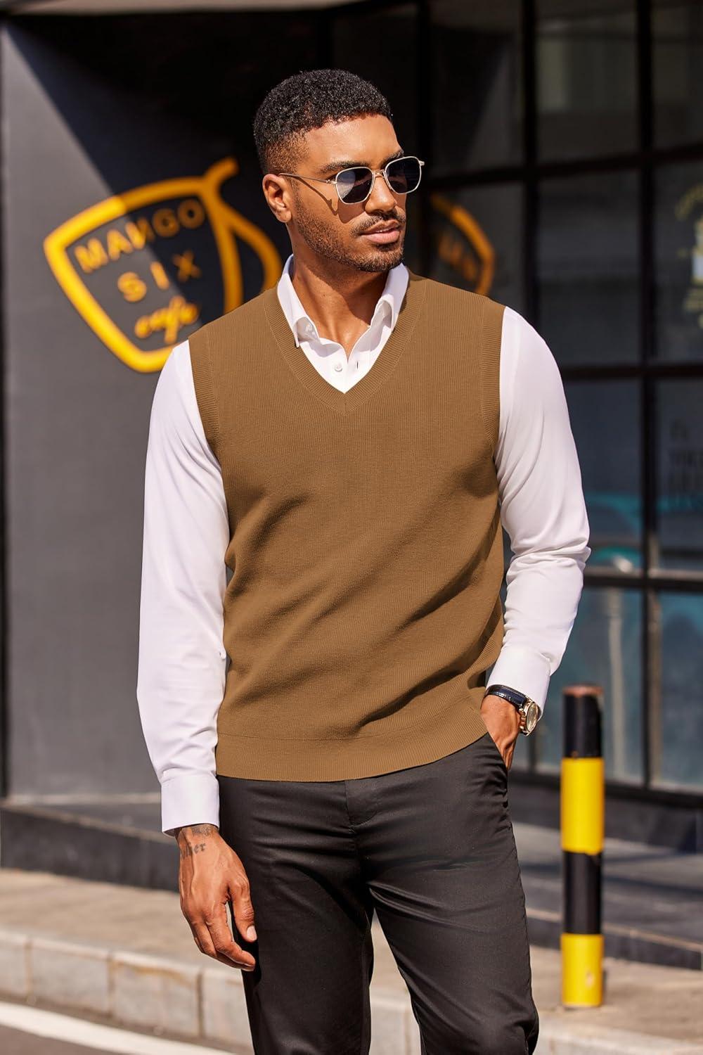 imageCOOFANDY Mens Sweater Vest V Neck Sleeveless Sweater Slim Fit Casual Knitted Vest SweatersBrown