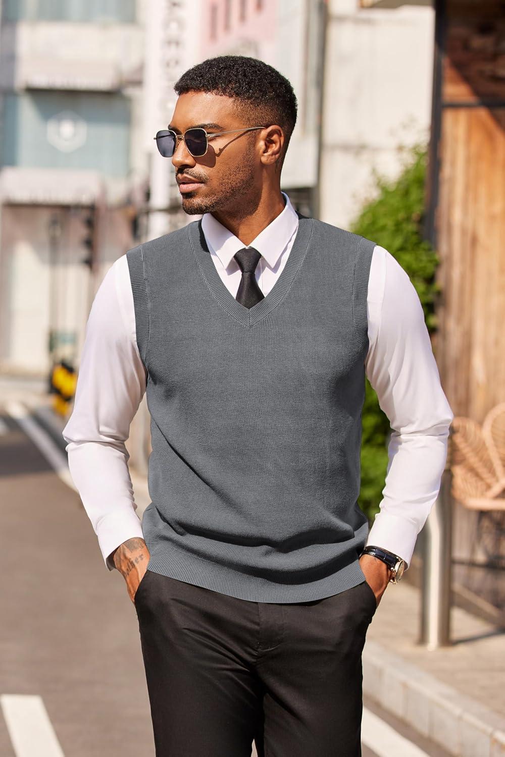 imageCOOFANDY Mens Sweater Vest V Neck Sleeveless Sweater Slim Fit Casual Knitted Vest SweatersGrey