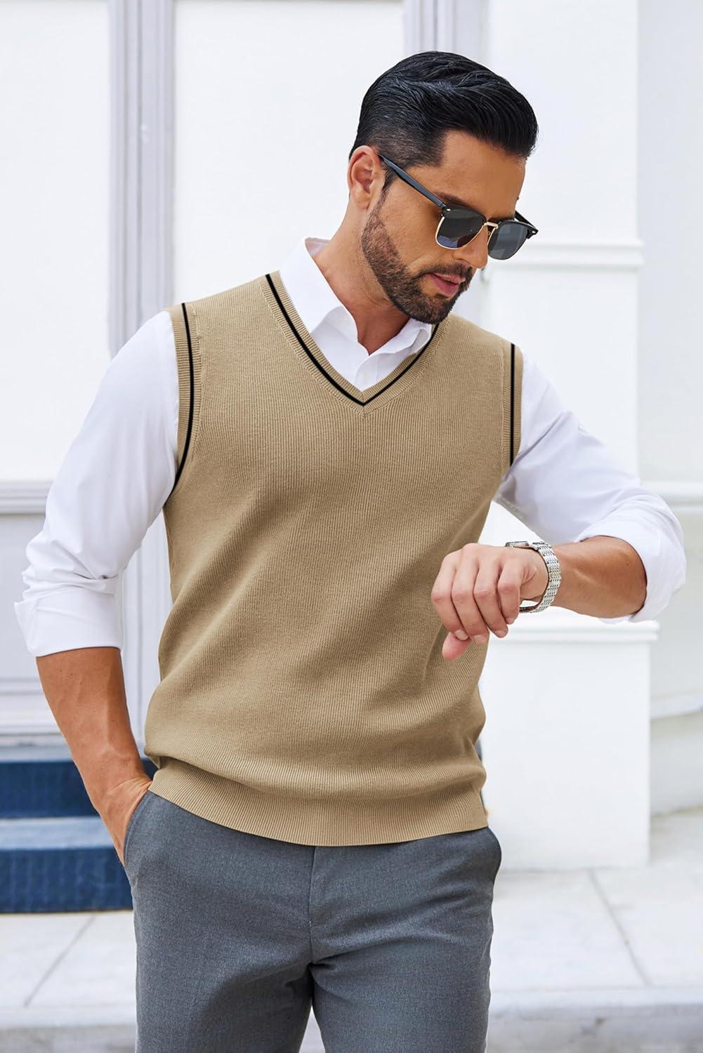 imageCOOFANDY Mens Sweater Vest V Neck Sleeveless Sweater Slim Fit Casual Knitted Vest SweatersKhaki and Black Stripe