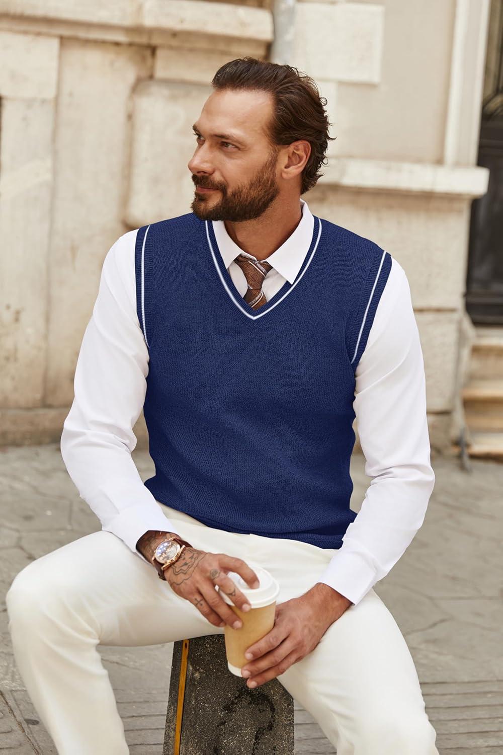 imageCOOFANDY Mens Sweater Vest V Neck Sleeveless Sweater Slim Fit Casual Knitted Vest SweatersNavy Blue and White Stripe