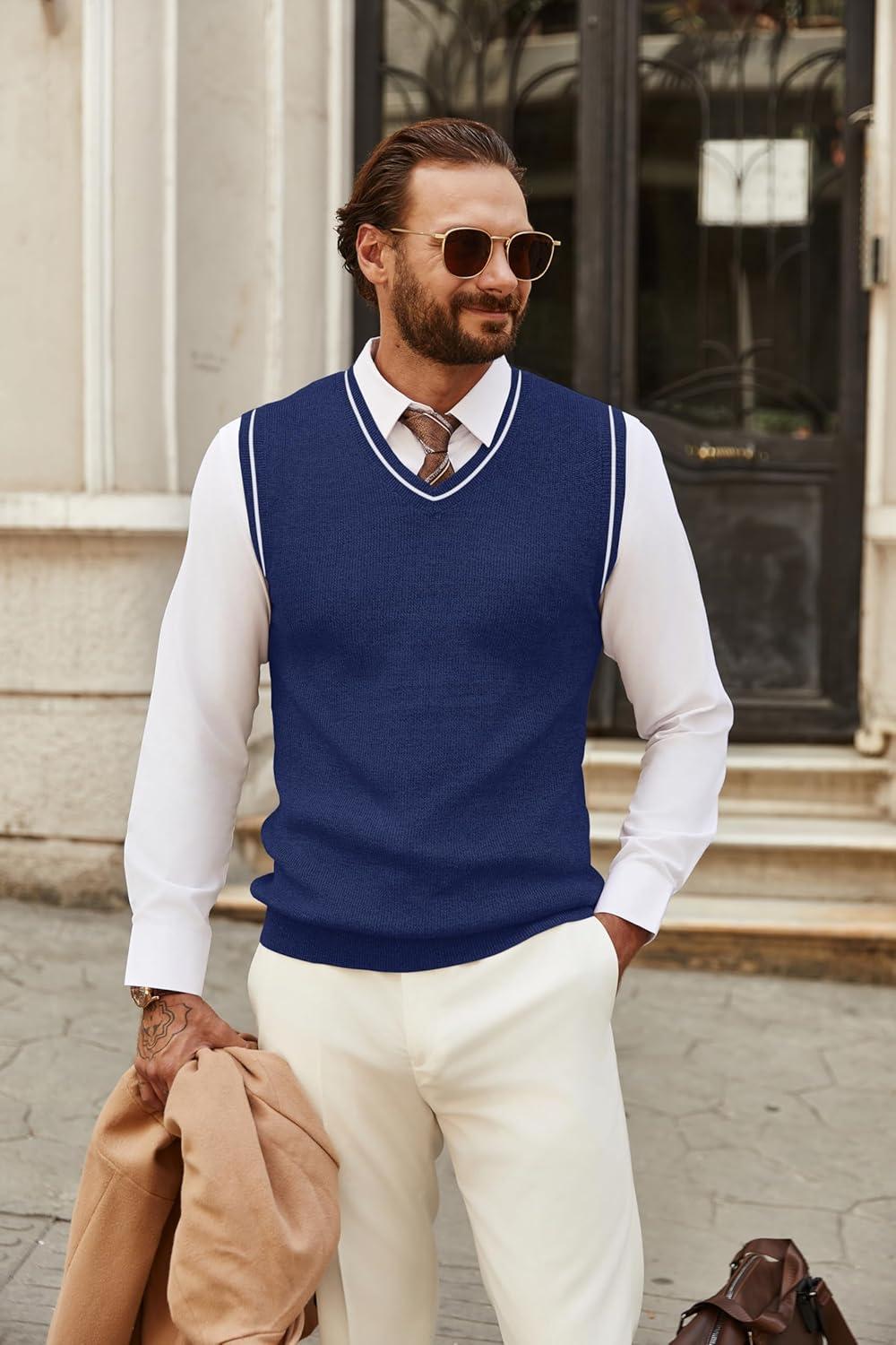 imageCOOFANDY Mens Sweater Vest V Neck Sleeveless Sweater Slim Fit Casual Knitted Vest SweatersNavy Blue and White Stripe
