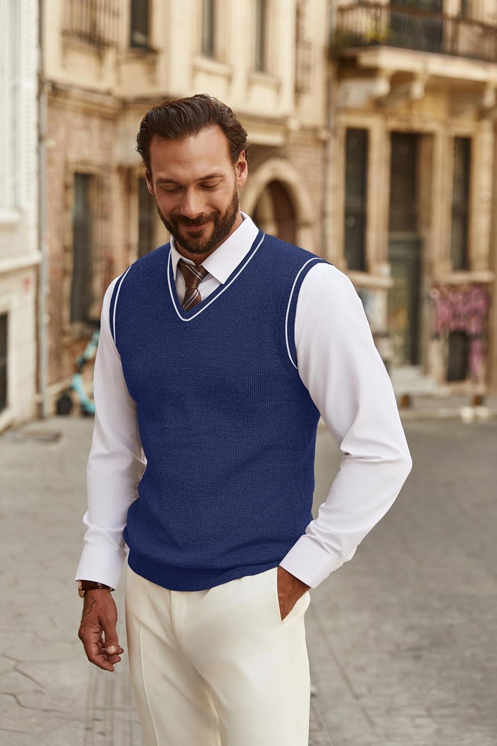 imageCOOFANDY Mens Sweater Vest V Neck Sleeveless Sweater Slim Fit Casual Knitted Vest SweatersNavy Blue and White Stripe
