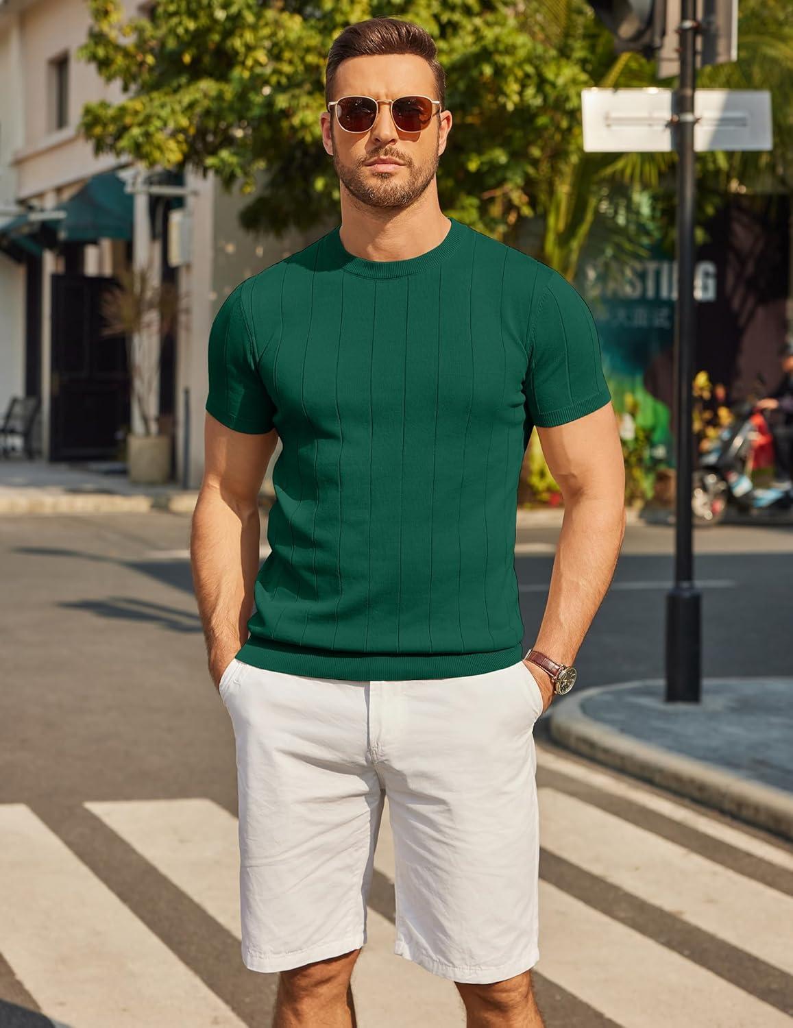 imageCOOFANDY Mens TShirts Short Sleeve Crewneck Knit Shirts Summer Ribbed Textured Tee ShirtsB Deep Green