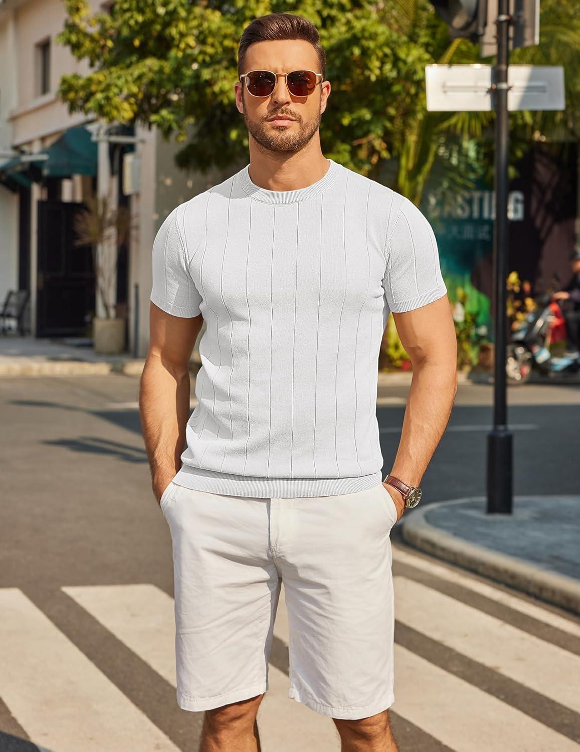 imageCOOFANDY Mens TShirts Short Sleeve Crewneck Knit Shirts Summer Ribbed Textured Tee ShirtsB White