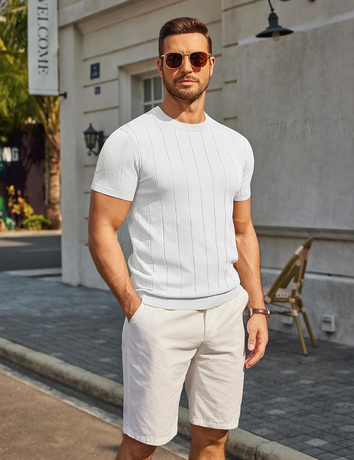 imageCOOFANDY Mens TShirts Short Sleeve Crewneck Knit Shirts Summer Ribbed Textured Tee ShirtsB White