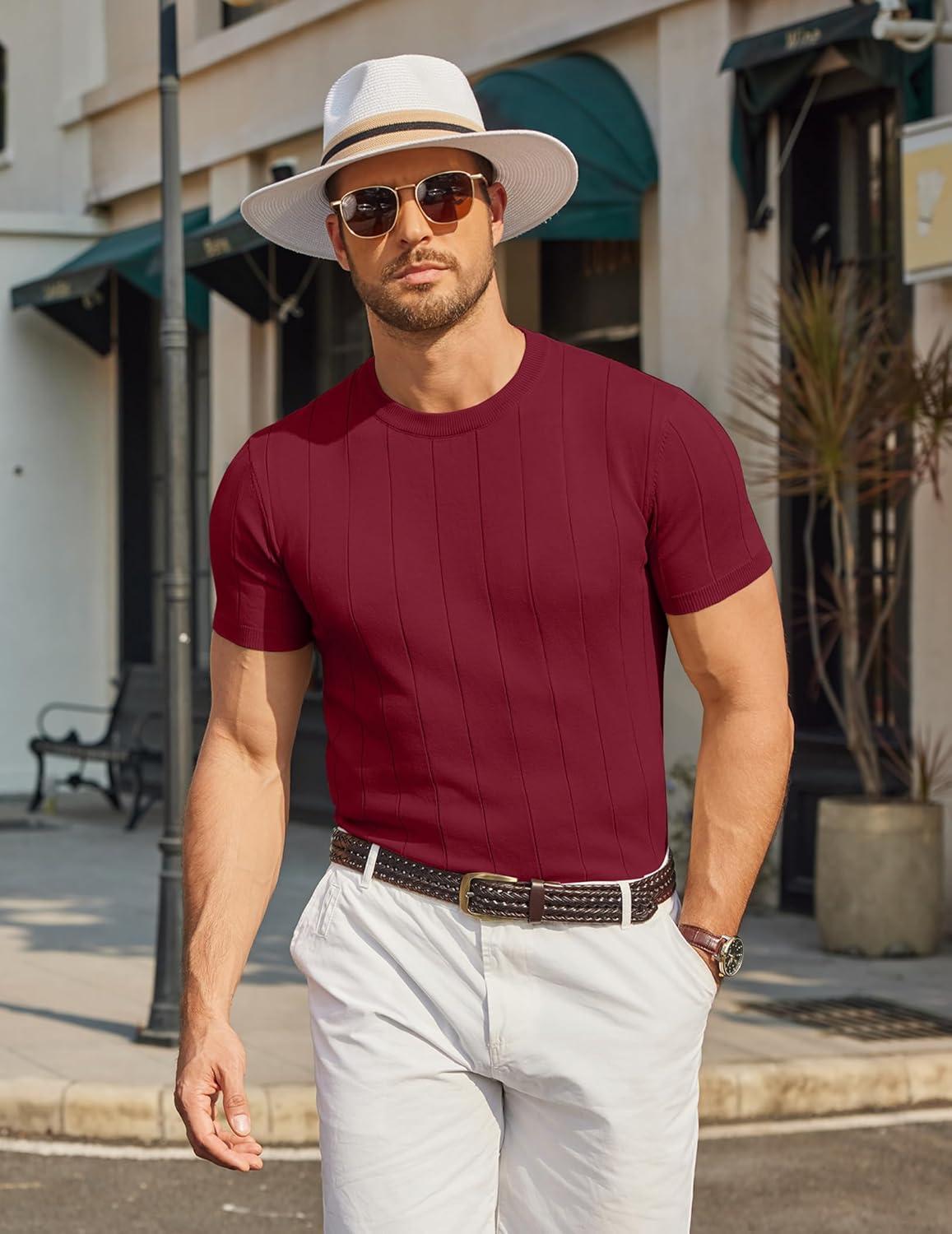 imageCOOFANDY Mens TShirts Short Sleeve Crewneck Knit Shirts Summer Ribbed Textured Tee ShirtsBurgundy Red