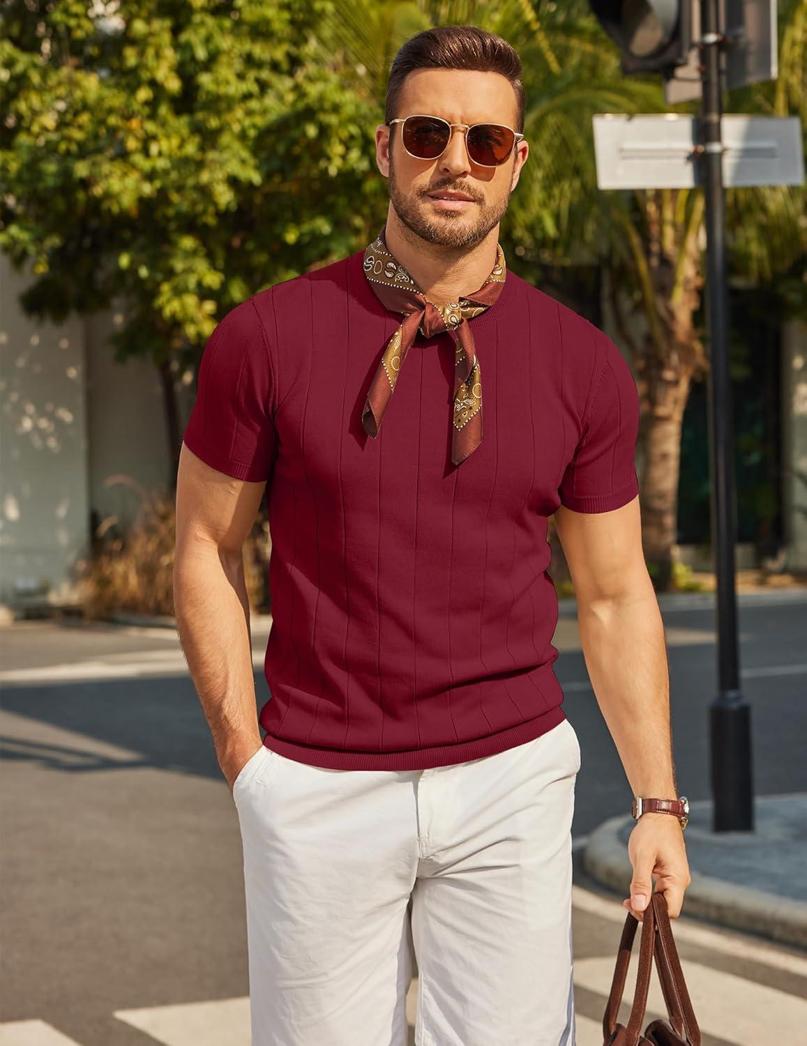 imageCOOFANDY Mens TShirts Short Sleeve Crewneck Knit Shirts Summer Ribbed Textured Tee ShirtsBurgundy Red
