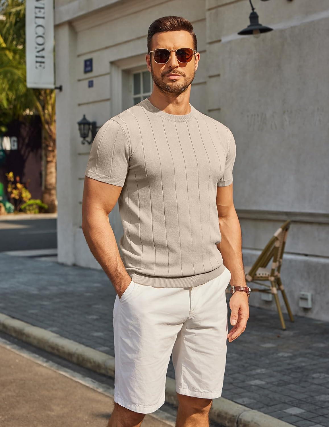imageCOOFANDY Mens TShirts Short Sleeve Crewneck Knit Shirts Summer Ribbed Textured Tee ShirtsLight Khaki