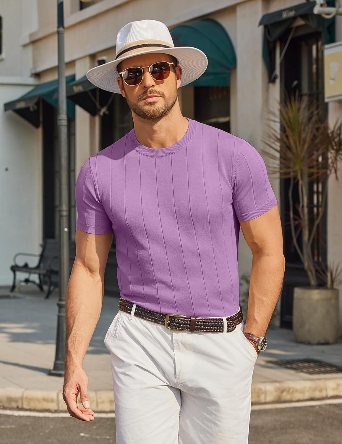 imageCOOFANDY Mens TShirts Short Sleeve Crewneck Knit Shirts Summer Ribbed Textured Tee ShirtsViolet