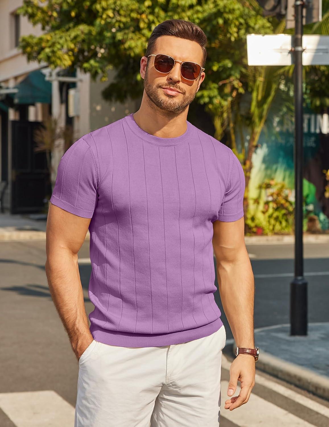imageCOOFANDY Mens TShirts Short Sleeve Crewneck Knit Shirts Summer Ribbed Textured Tee ShirtsViolet