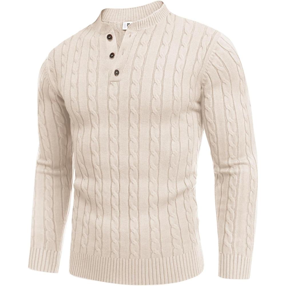 imageCOOFANDY Men Casual Knit Sweater Quarter Button Henley Long Sleeve Slim Fit Twisted Pullover SweaterCream Color