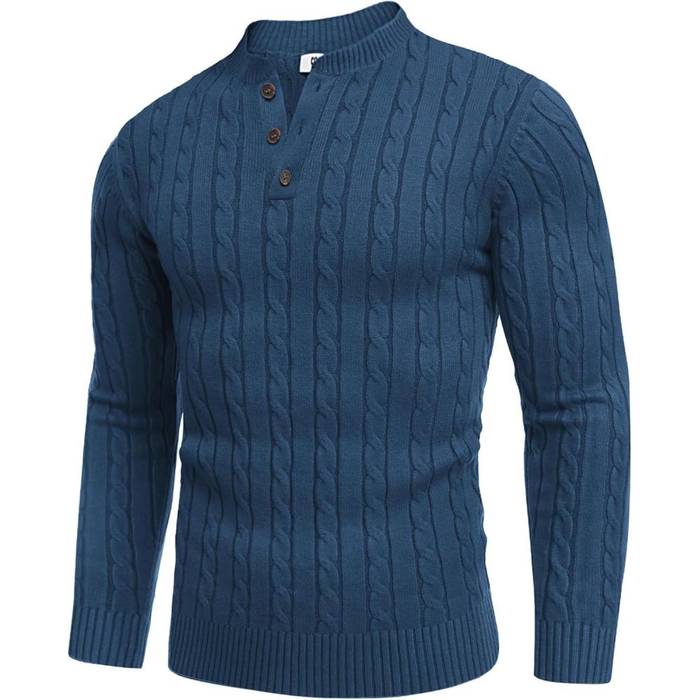 imageCOOFANDY Men Casual Knit Sweater Quarter Button Henley Long Sleeve Slim Fit Twisted Pullover SweaterDark Blue