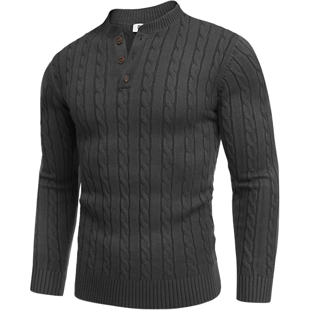 imageCOOFANDY Men Casual Knit Sweater Quarter Button Henley Long Sleeve Slim Fit Twisted Pullover SweaterDark Gray