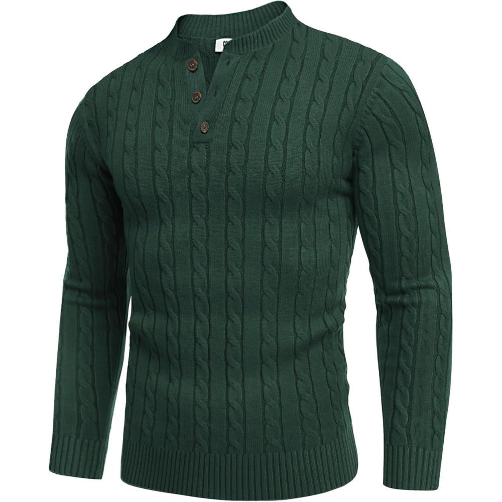 imageCOOFANDY Men Casual Knit Sweater Quarter Button Henley Long Sleeve Slim Fit Twisted Pullover SweaterLake Green