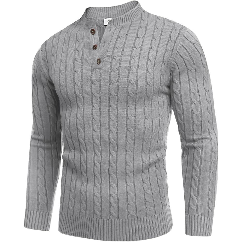 imageCOOFANDY Men Casual Knit Sweater Quarter Button Henley Long Sleeve Slim Fit Twisted Pullover SweaterLight Grey