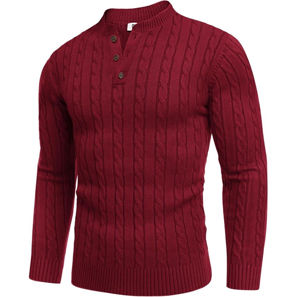 imageCOOFANDY Men Casual Knit Sweater Quarter Button Henley Long Sleeve Slim Fit Twisted Pullover SweaterWine Red