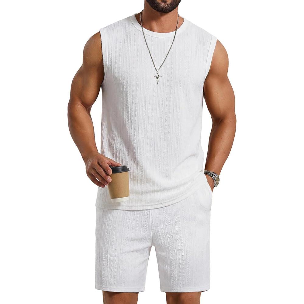 imageCOOFANDY Mens 2 Piece Outfits Beach Knit Jacquard Sleeveless Shirt and Shorts Sets Summer Athletic Vacation SetWhite