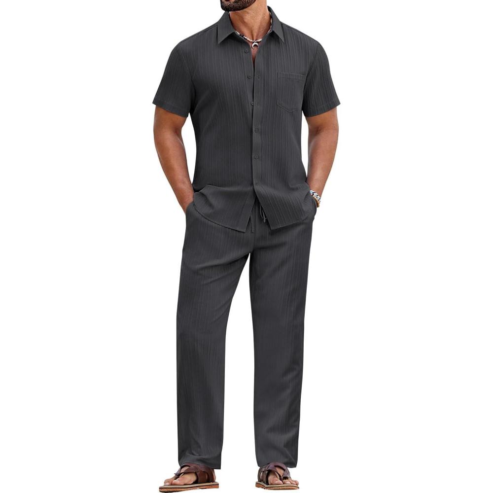 imageCOOFANDY Mens 2 Piece Sets Summer Outfits Short Sleeve Button Down Shirt Loose Pant Sets Beach Vacation OutfitsGrey