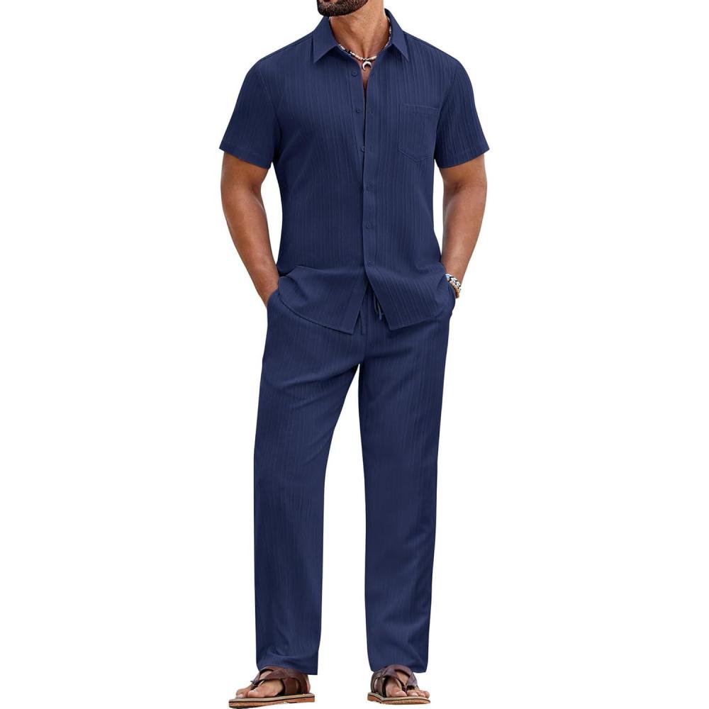 imageCOOFANDY Mens 2 Piece Sets Summer Outfits Short Sleeve Button Down Shirt Loose Pant Sets Beach Vacation OutfitsNavy Blue