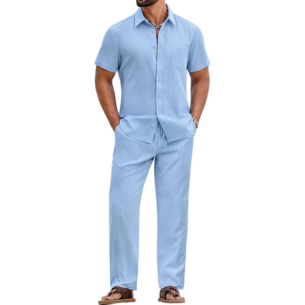 imageCOOFANDY Mens 2 Piece Sets Summer Outfits Short Sleeve Button Down Shirt Loose Pant Sets Beach Vacation OutfitsSky Blue
