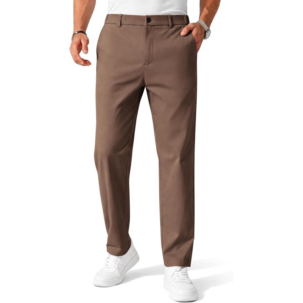 imageCOOFANDY Mens Chinos Pant Elastic Waist Trousers Slim Fit Casual Business Dress Pants Pull On Golf Pants Brown