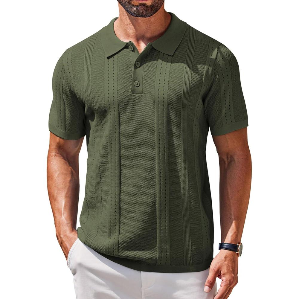 imageCOOFANDY Mens Knit Polo Shirts Short Sleeve Textured Button Down Polo Shirt Cuban Guayabera Summer Beach ShirtsArmy Green