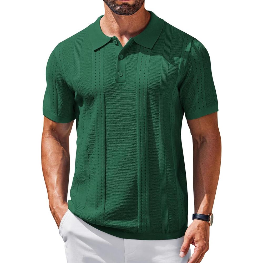 imageCOOFANDY Mens Knit Polo Shirts Short Sleeve Textured Button Down Polo Shirt Cuban Guayabera Summer Beach ShirtsDark Green