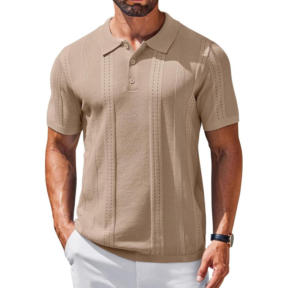 imageCOOFANDY Mens Knit Polo Shirts Short Sleeve Textured Button Down Polo Shirt Cuban Guayabera Summer Beach ShirtsKhaki