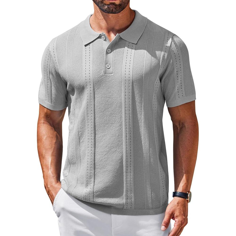 imageCOOFANDY Mens Knit Polo Shirts Short Sleeve Textured Button Down Polo Shirt Cuban Guayabera Summer Beach ShirtsLight Grey