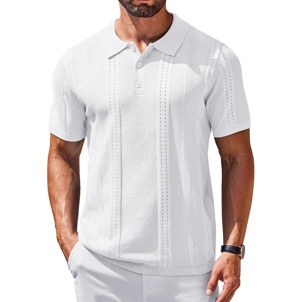 imageCOOFANDY Mens Knit Polo Shirts Short Sleeve Textured Button Down Polo Shirt Cuban Guayabera Summer Beach ShirtsWhite