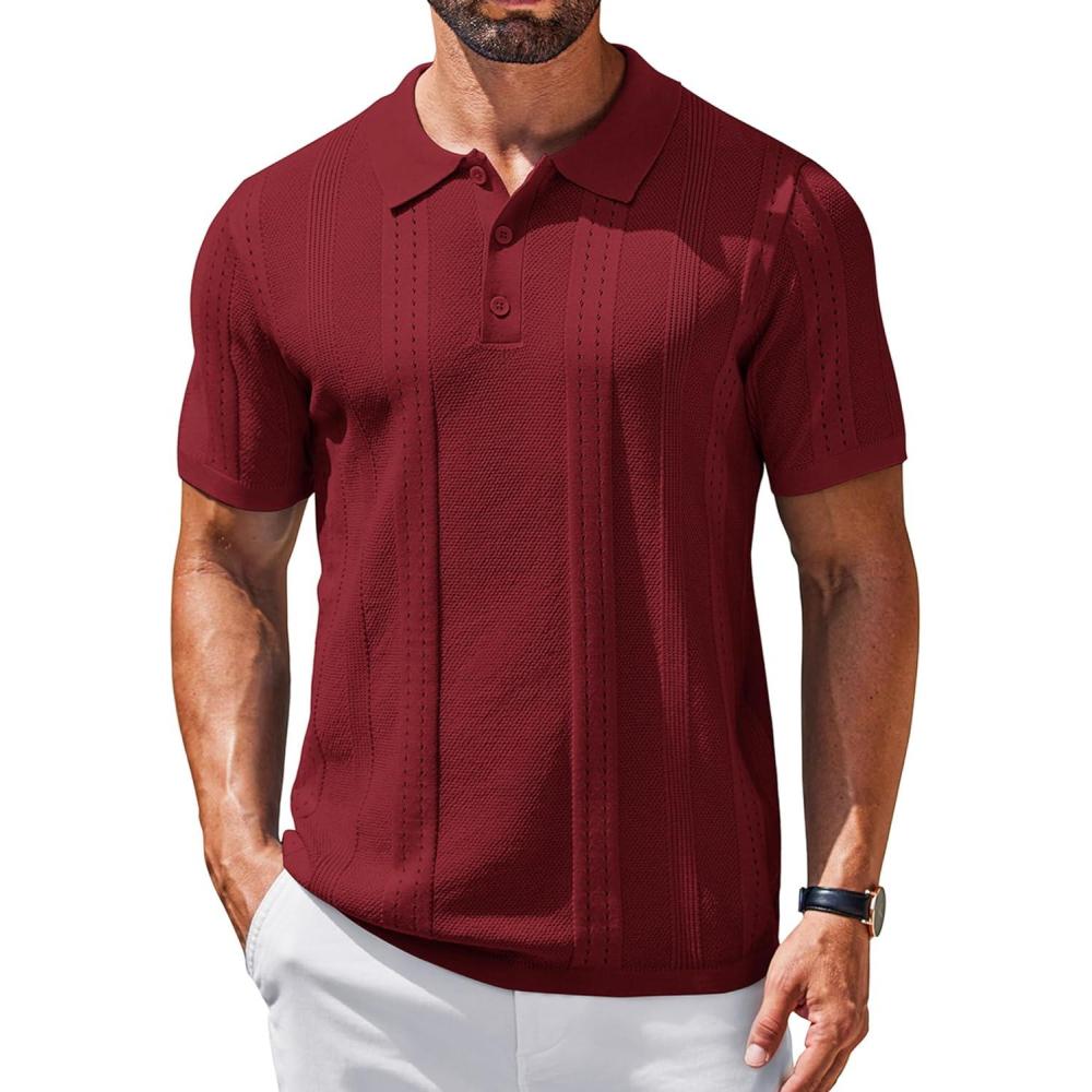 imageCOOFANDY Mens Knit Polo Shirts Short Sleeve Textured Button Down Polo Shirt Cuban Guayabera Summer Beach ShirtsWine Red