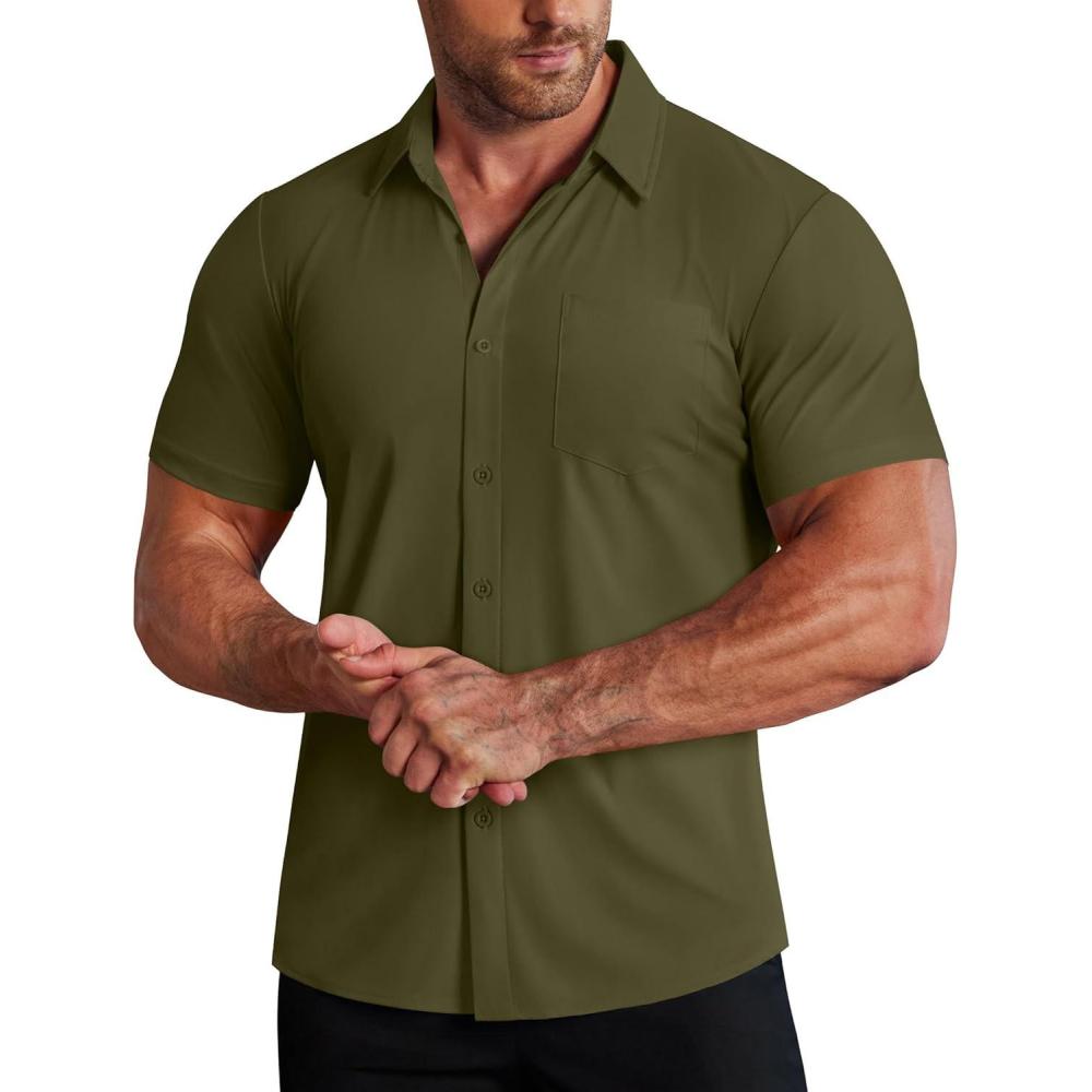 imageCOOFANDY Mens Muscle Fit Dress Shirts Stretch WrinkleFree Short Sleeve Casual Button Down ShirtsArmy Green