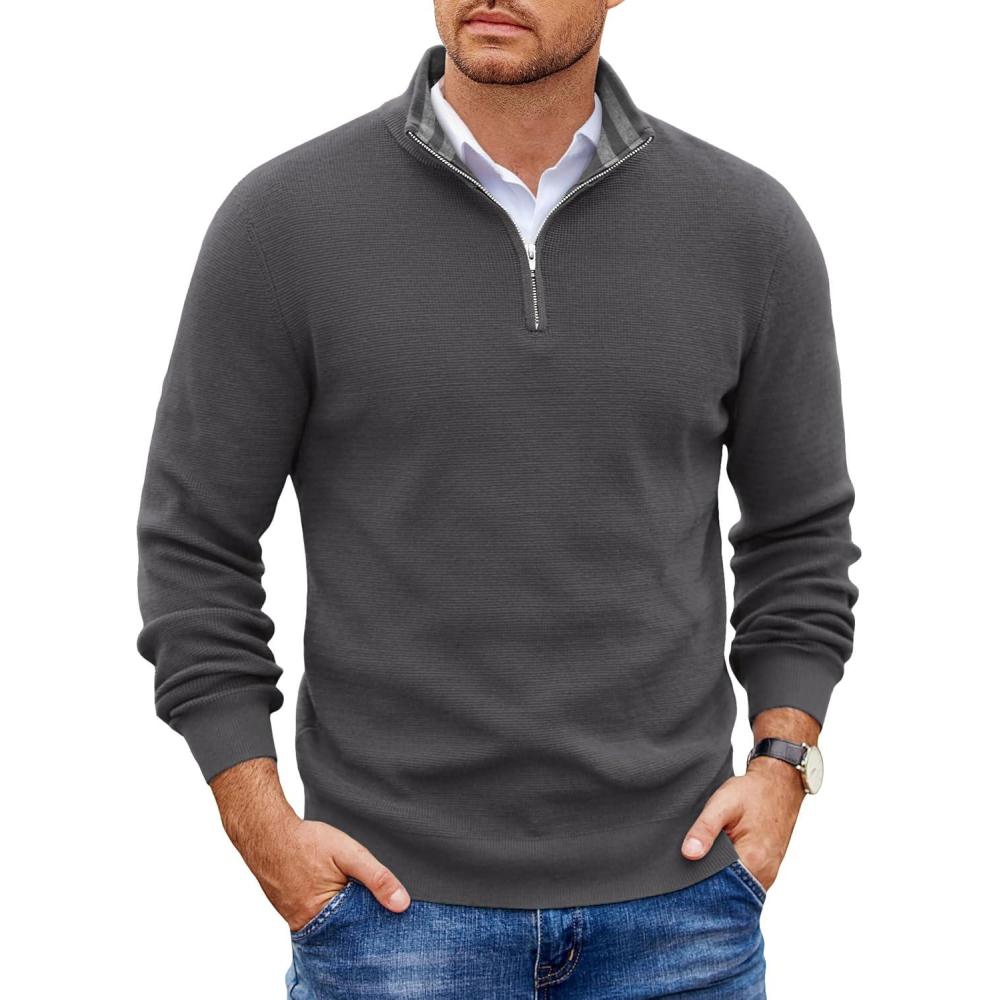 imageCOOFANDY Mens Quarter Zip Pullover Slim Fit Lightweight Sweater Casual Mock Neck Knit Polo SweaterDark Gray