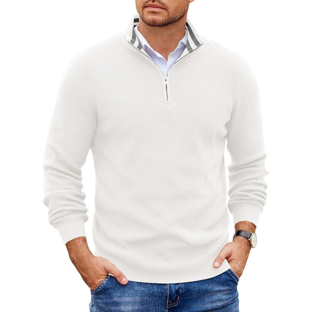 imageCOOFANDY Mens Quarter Zip Pullover Slim Fit Lightweight Sweater Casual Mock Neck Knit Polo SweaterWhite