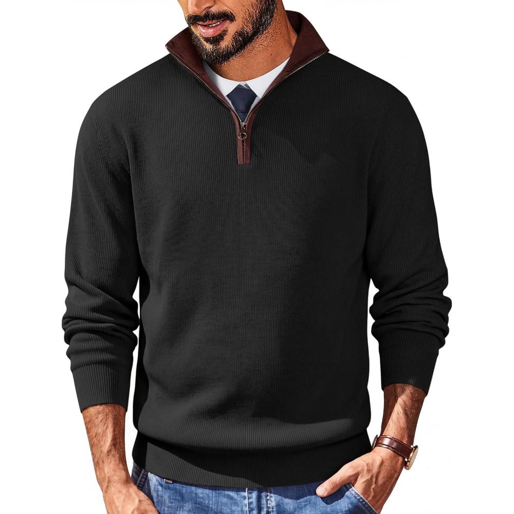 imageCOOFANDY Mens Quarter Zip Sweater Slim Fit Mock Neck Pullover Casual Knitted Ribbed Polo SweatersAblack