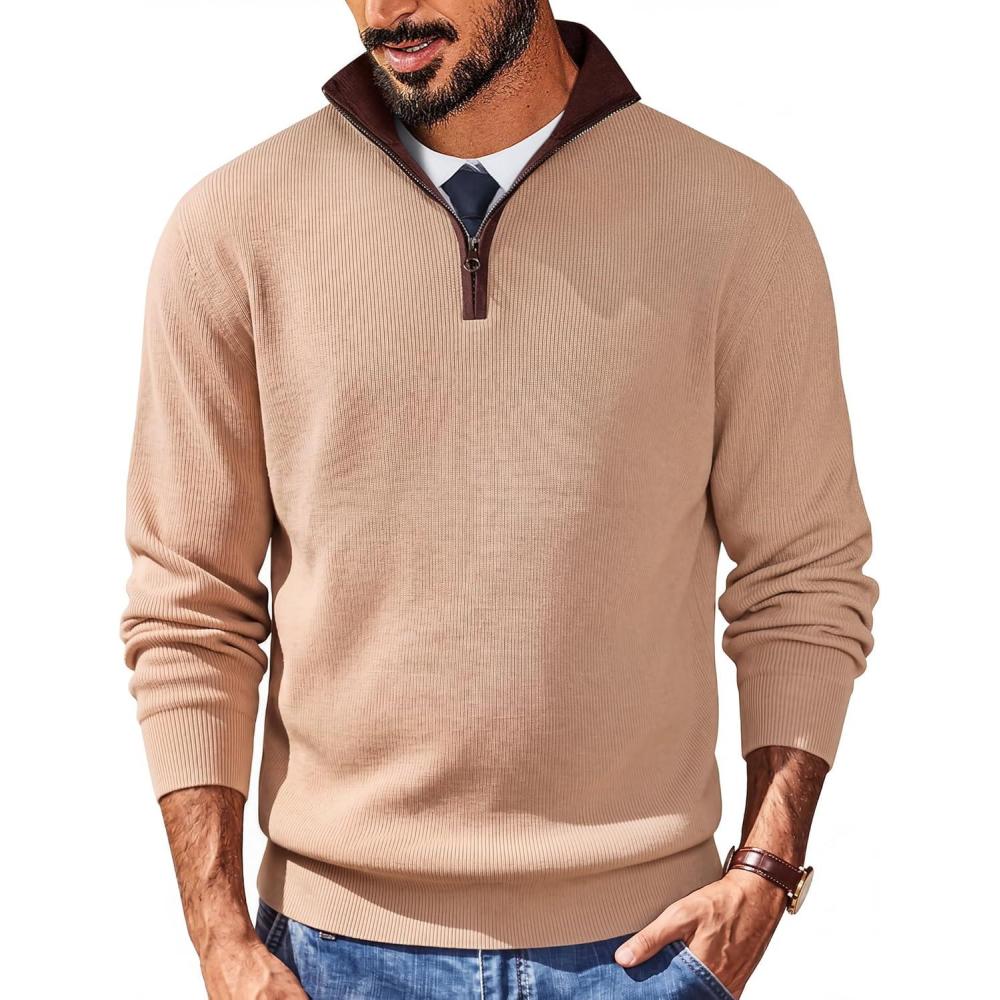 imageCOOFANDY Mens Quarter Zip Sweater Slim Fit Mock Neck Pullover Casual Knitted Ribbed Polo SweatersCamel