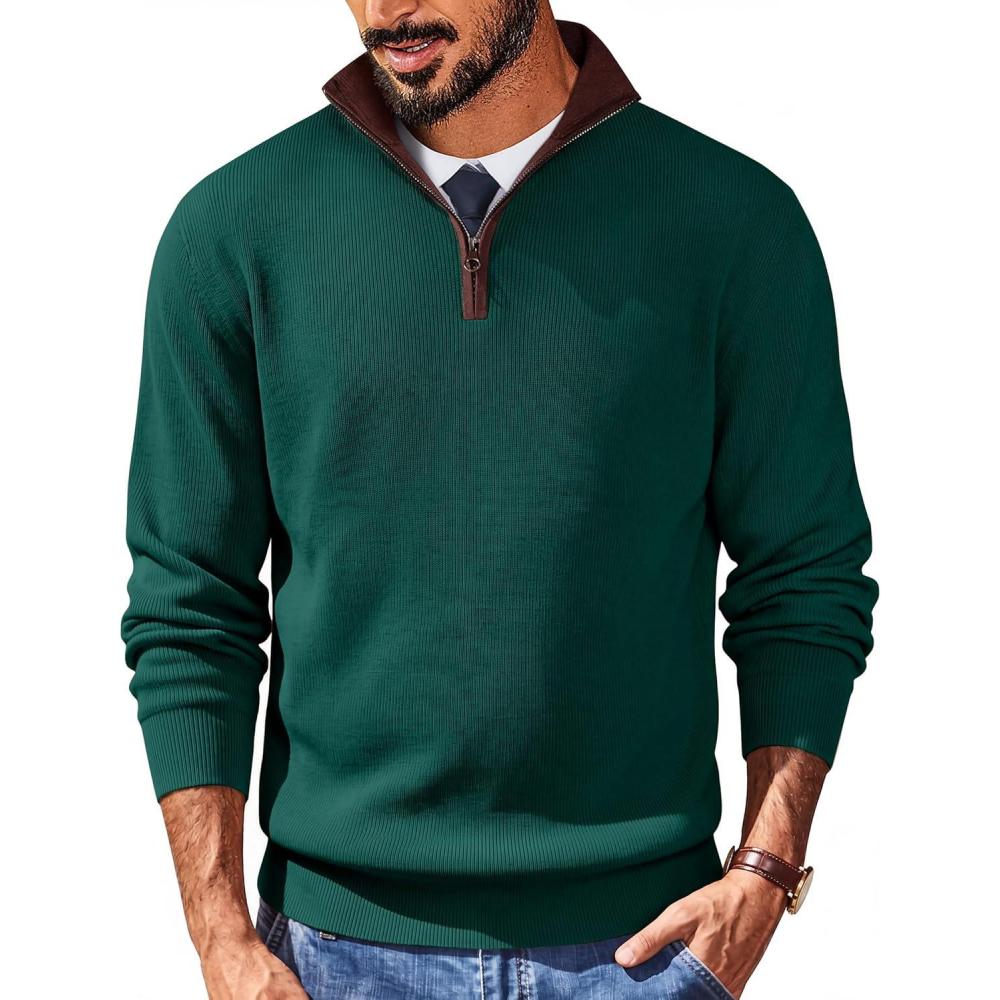 imageCOOFANDY Mens Quarter Zip Sweater Slim Fit Mock Neck Pullover Casual Knitted Ribbed Polo SweatersGreen