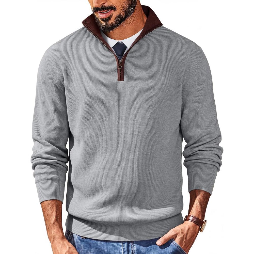 imageCOOFANDY Mens Quarter Zip Sweater Slim Fit Mock Neck Pullover Casual Knitted Ribbed Polo SweatersLight Grey