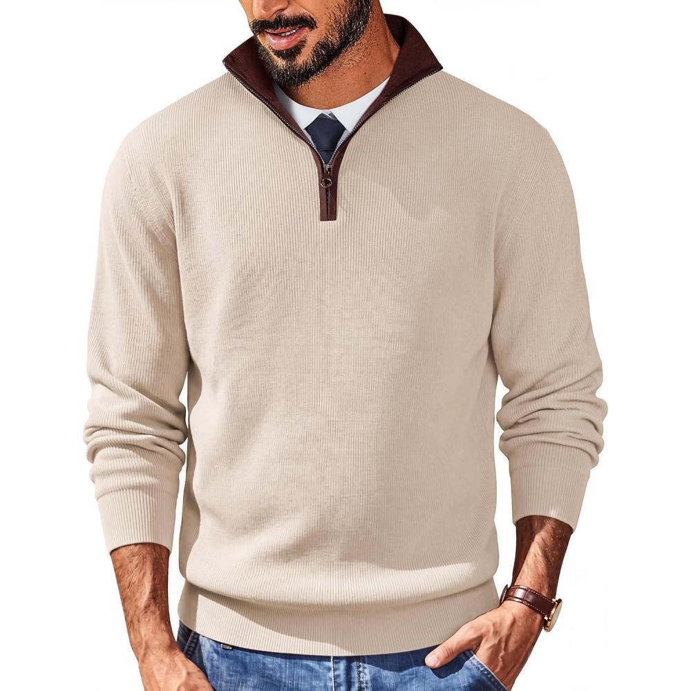 imageCOOFANDY Mens Quarter Zip Sweater Slim Fit Mock Neck Pullover Casual Knitted Ribbed Polo SweatersWhite
