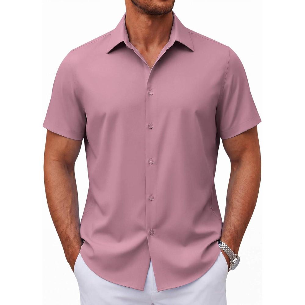imageCOOFANDY Mens Short Sleeve Button Down Shirts Casual Summer Shirt Untucked Dress ShirtsRose
